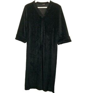 Vintage Black Velour Dress Size M/L Midi Long Sleeve V Neck Witchy Goth Mod